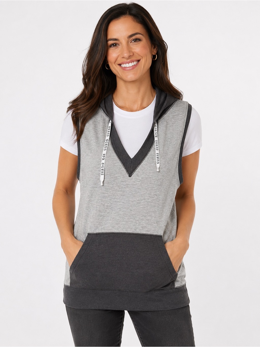 GUESS Los Angeles Sleeveless Hooded Top Large Gray Colorblock Kangaroo Pocket
